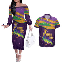 Faux Glitter Mardi Gras Pelican Couples Matching Off The Shoulder Long Sleeve Dress and Hawaiian Shirt - Wonder Print Shop