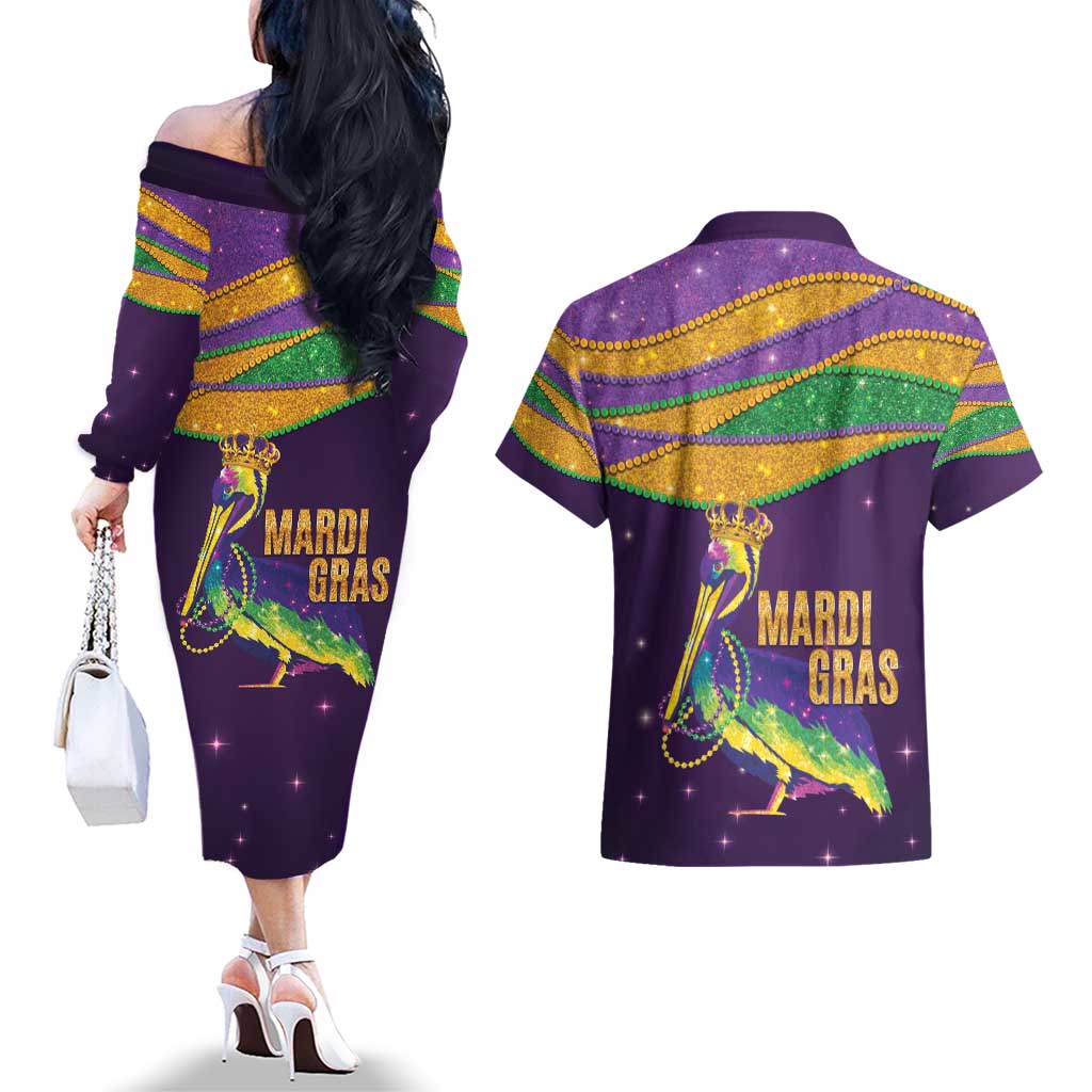 Faux Glitter Mardi Gras Pelican Couples Matching Off The Shoulder Long Sleeve Dress and Hawaiian Shirt - Wonder Print Shop