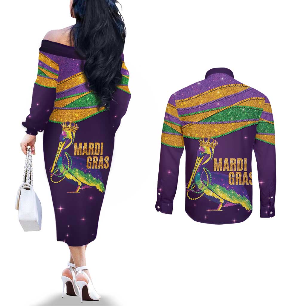 Faux Glitter Mardi Gras Pelican Couples Matching Off The Shoulder Long Sleeve Dress and Long Sleeve Button Shirt - Wonder Print Shop