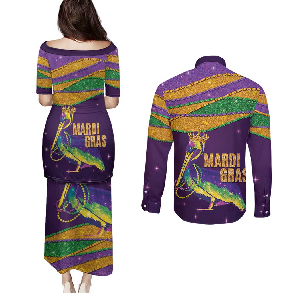 Faux Glitter Mardi Gras Pelican Couples Matching Puletasi and Long Sleeve Button Shirt - Wonder Print Shop