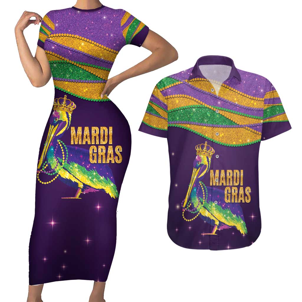 Faux Glitter Mardi Gras Pelican Couples Matching Short Sleeve Bodycon Dress and Hawaiian Shirt - Wonder Print Shop