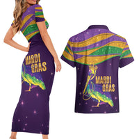 Faux Glitter Mardi Gras Pelican Couples Matching Short Sleeve Bodycon Dress and Hawaiian Shirt - Wonder Print Shop