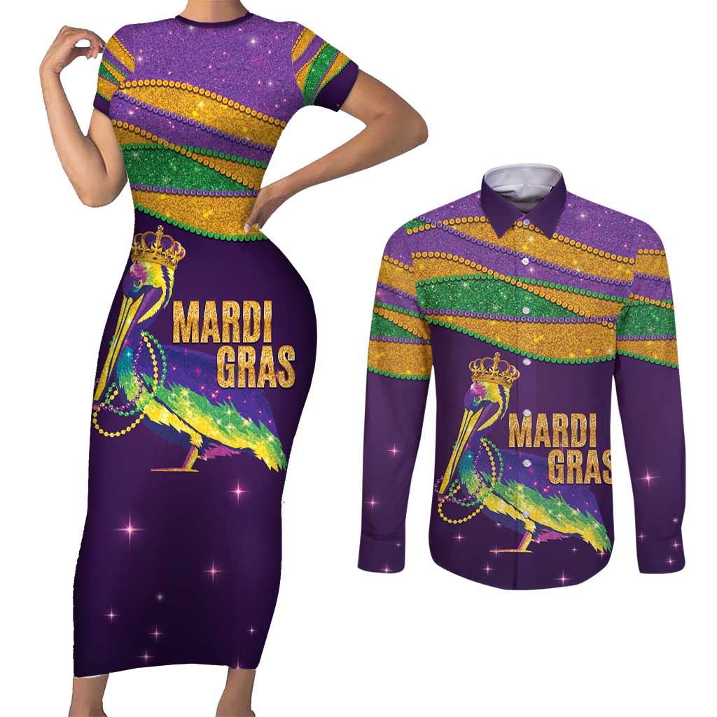 Faux Glitter Mardi Gras Pelican Couples Matching Short Sleeve Bodycon Dress and Long Sleeve Button Shirt - Wonder Print Shop