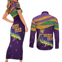 Faux Glitter Mardi Gras Pelican Couples Matching Short Sleeve Bodycon Dress and Long Sleeve Button Shirt - Wonder Print Shop