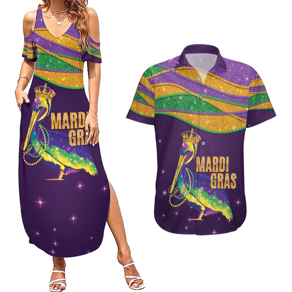 Faux Glitter Mardi Gras Pelican Couples Matching Summer Maxi Dress and Hawaiian Shirt - Wonder Print Shop