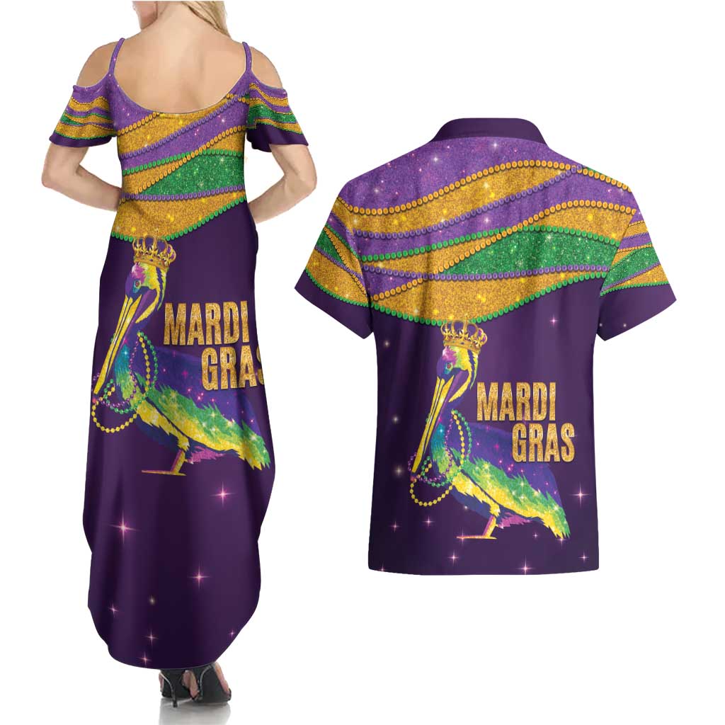 Faux Glitter Mardi Gras Pelican Couples Matching Summer Maxi Dress and Hawaiian Shirt - Wonder Print Shop