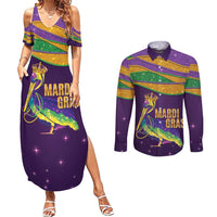 Faux Glitter Mardi Gras Pelican Couples Matching Summer Maxi Dress and Long Sleeve Button Shirt - Wonder Print Shop
