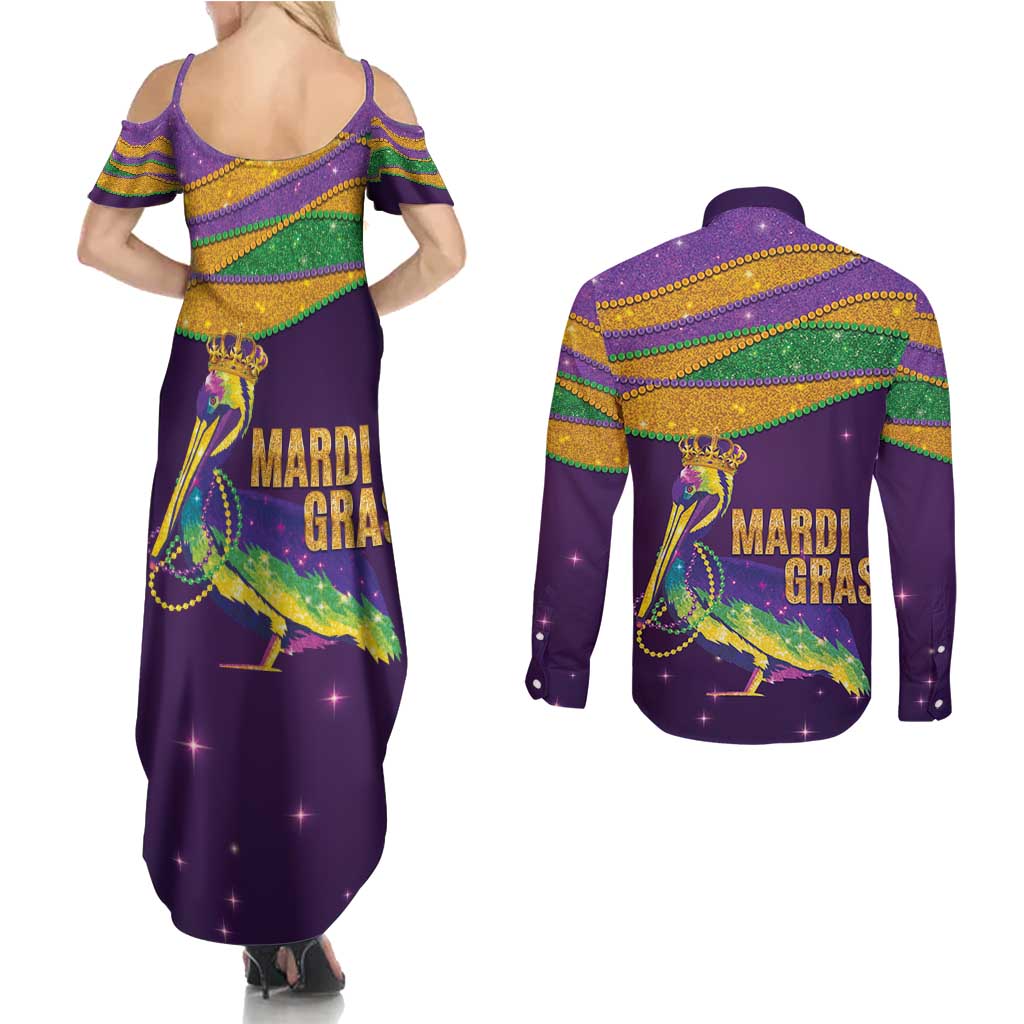 Faux Glitter Mardi Gras Pelican Couples Matching Summer Maxi Dress and Long Sleeve Button Shirt - Wonder Print Shop