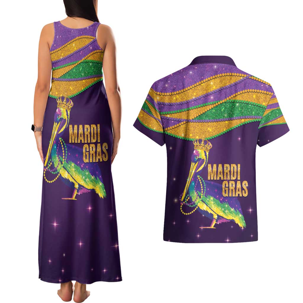 Faux Glitter Mardi Gras Pelican Couples Matching Tank Maxi Dress and Hawaiian Shirt - Wonder Print Shop