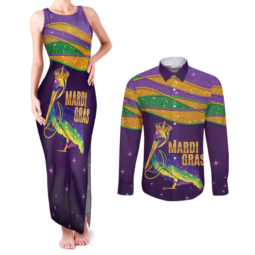 Faux Glitter Mardi Gras Pelican Couples Matching Tank Maxi Dress and Long Sleeve Button Shirt - Wonder Print Shop