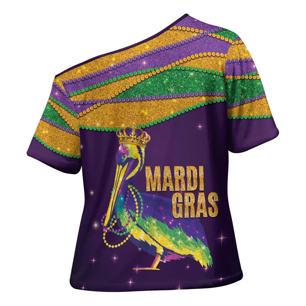 Faux Glitter Mardi Gras Pelican Cross Shoulder Shirt - Wonder Print Shop