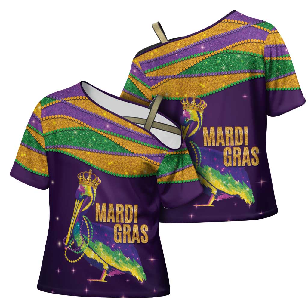 Faux Glitter Mardi Gras Pelican Cross Shoulder Shirt - Wonder Print Shop