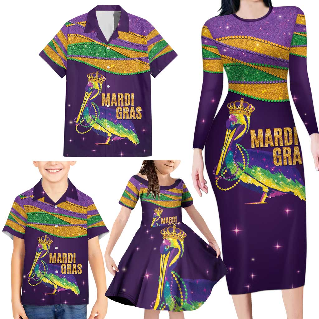 Faux Glitter Mardi Gras Pelican Family Matching Long Sleeve Bodycon Dress and Hawaiian Shirt - Wonder Print Shop