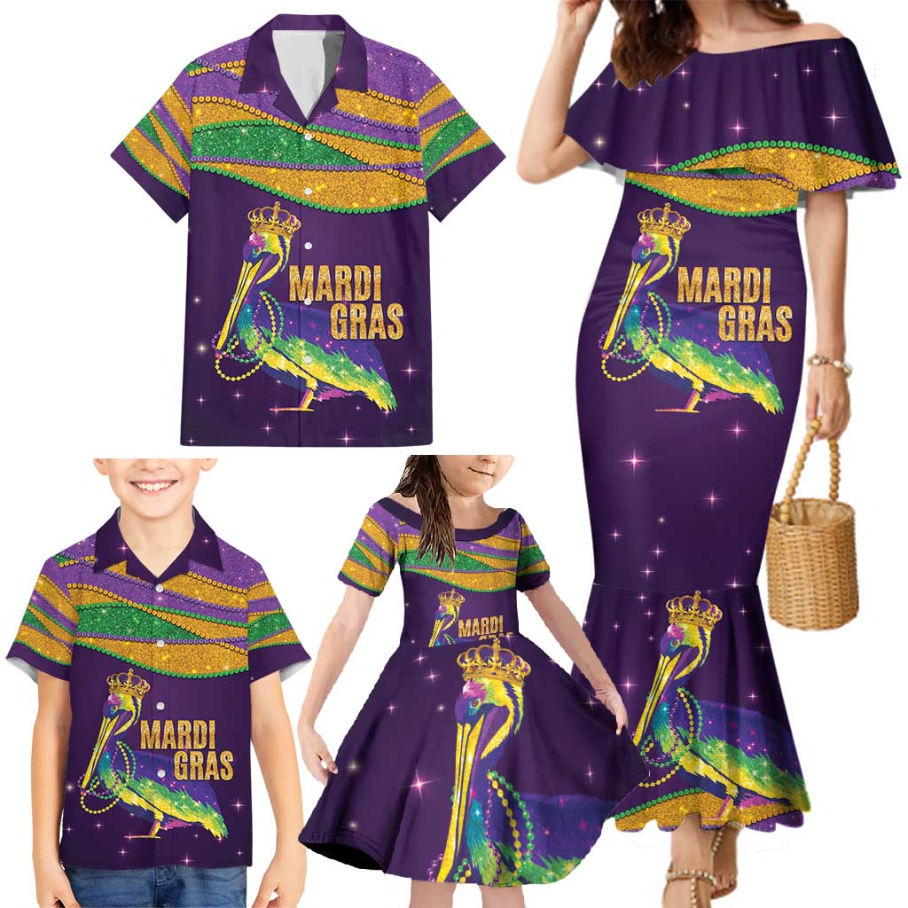 Faux Glitter Mardi Gras Pelican Family Matching Mermaid Dress and Hawaiian Shirt - Wonder Print Shop