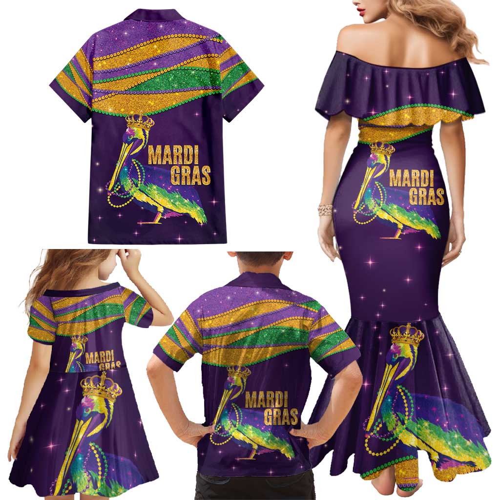 Faux Glitter Mardi Gras Pelican Family Matching Mermaid Dress and Hawaiian Shirt - Wonder Print Shop
