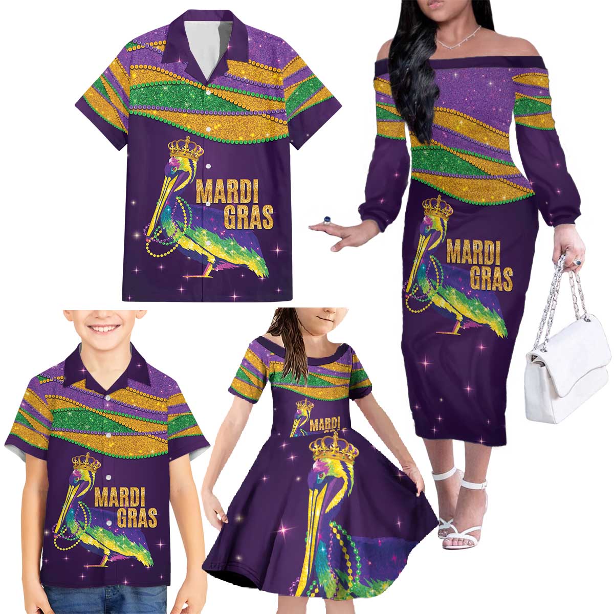 Faux Glitter Mardi Gras Pelican Family Matching Off The Shoulder Long Sleeve Dress and Hawaiian Shirt - Wonder Print Shop