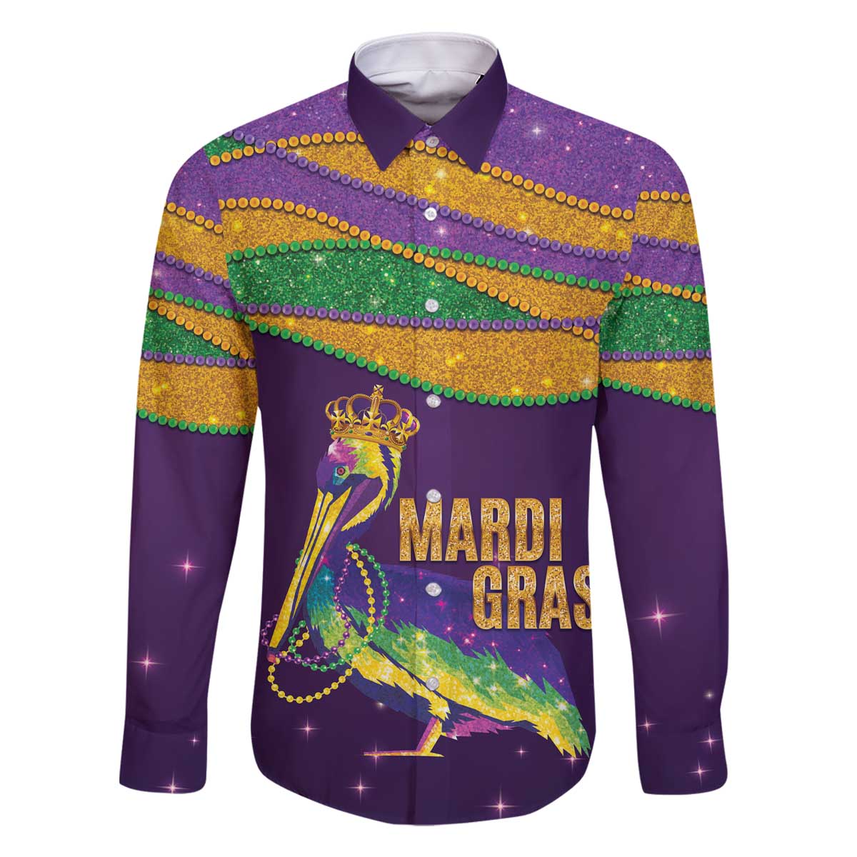 Faux Glitter Mardi Gras Pelican Family Matching Off The Shoulder Long Sleeve Dress and Hawaiian Shirt - Wonder Print Shop