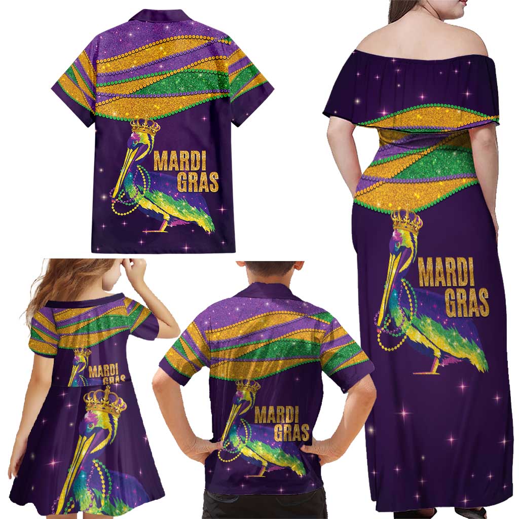 Faux Glitter Mardi Gras Pelican Family Matching Off Shoulder Maxi Dress and Hawaiian Shirt - Wonder Print Shop