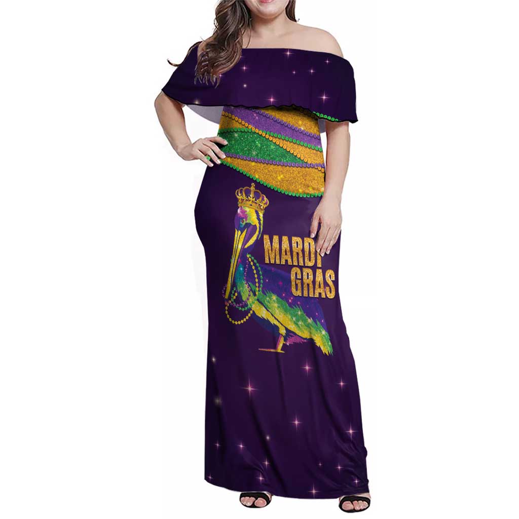 Faux Glitter Mardi Gras Pelican Family Matching Off Shoulder Maxi Dress and Hawaiian Shirt - Wonder Print Shop