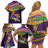Faux Glitter Mardi Gras Pelican Family Matching Off Shoulder Short Dress and Hawaiian Shirt - Wonder Print Shop