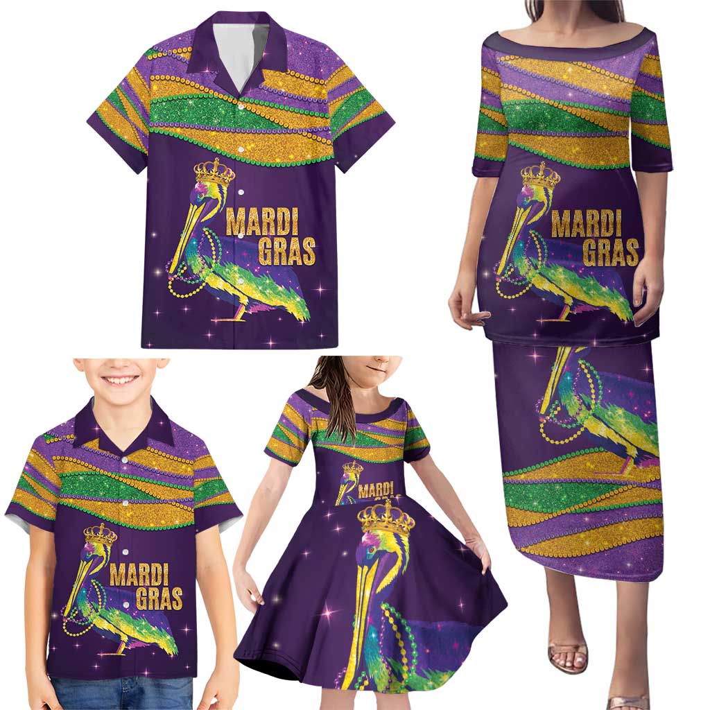 Faux Glitter Mardi Gras Pelican Family Matching Puletasi and Hawaiian Shirt - Wonder Print Shop