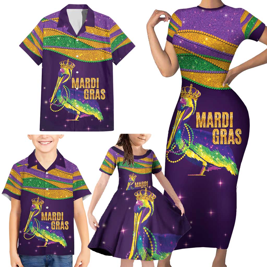 Faux Glitter Mardi Gras Pelican Family Matching Short Sleeve Bodycon Dress and Hawaiian Shirt - Wonder Print Shop