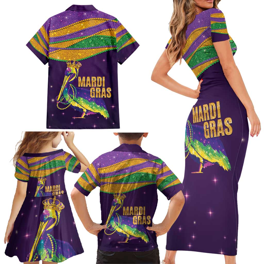 Faux Glitter Mardi Gras Pelican Family Matching Short Sleeve Bodycon Dress and Hawaiian Shirt - Wonder Print Shop