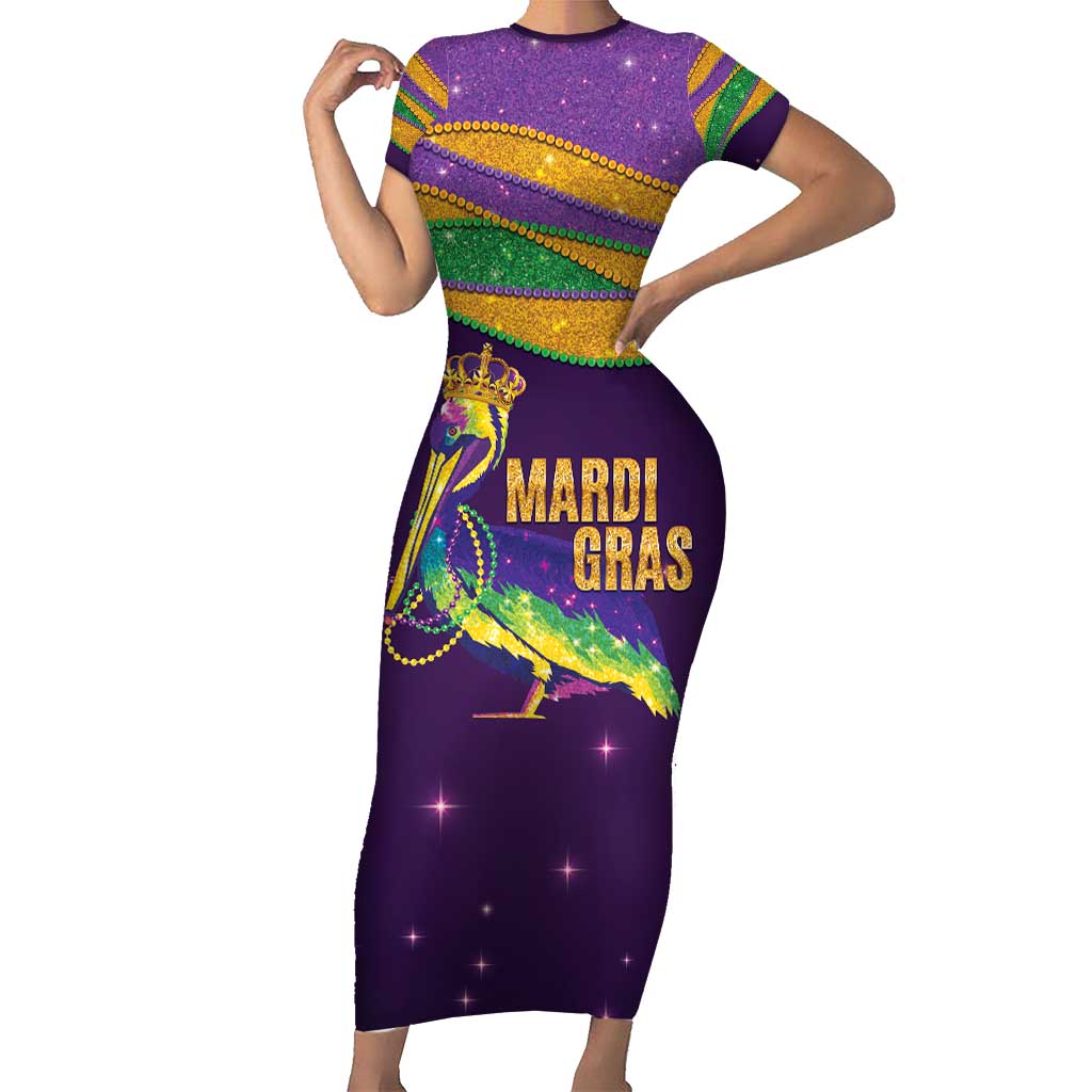 Faux Glitter Mardi Gras Pelican Family Matching Short Sleeve Bodycon Dress and Hawaiian Shirt - Wonder Print Shop