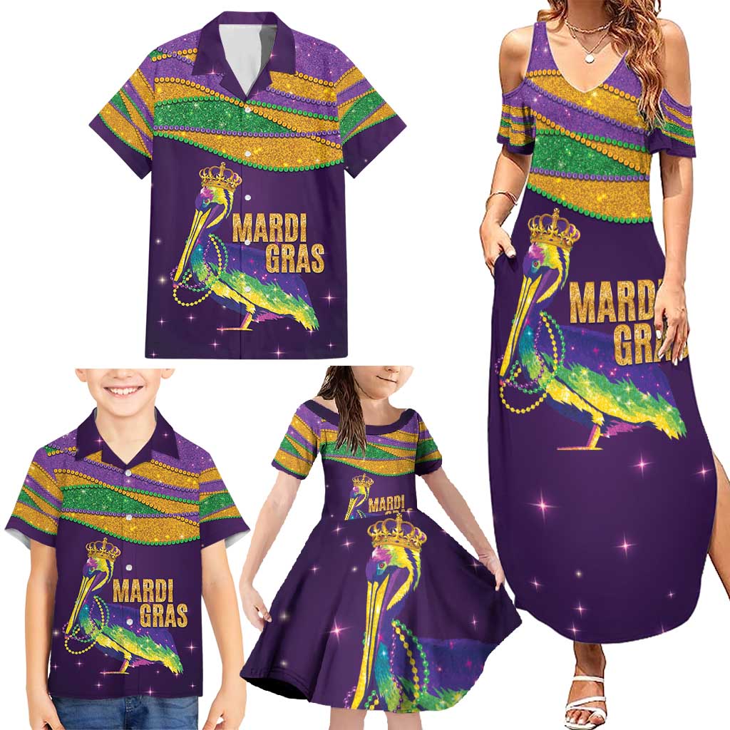 Faux Glitter Mardi Gras Pelican Family Matching Summer Maxi Dress and Hawaiian Shirt - Wonder Print Shop