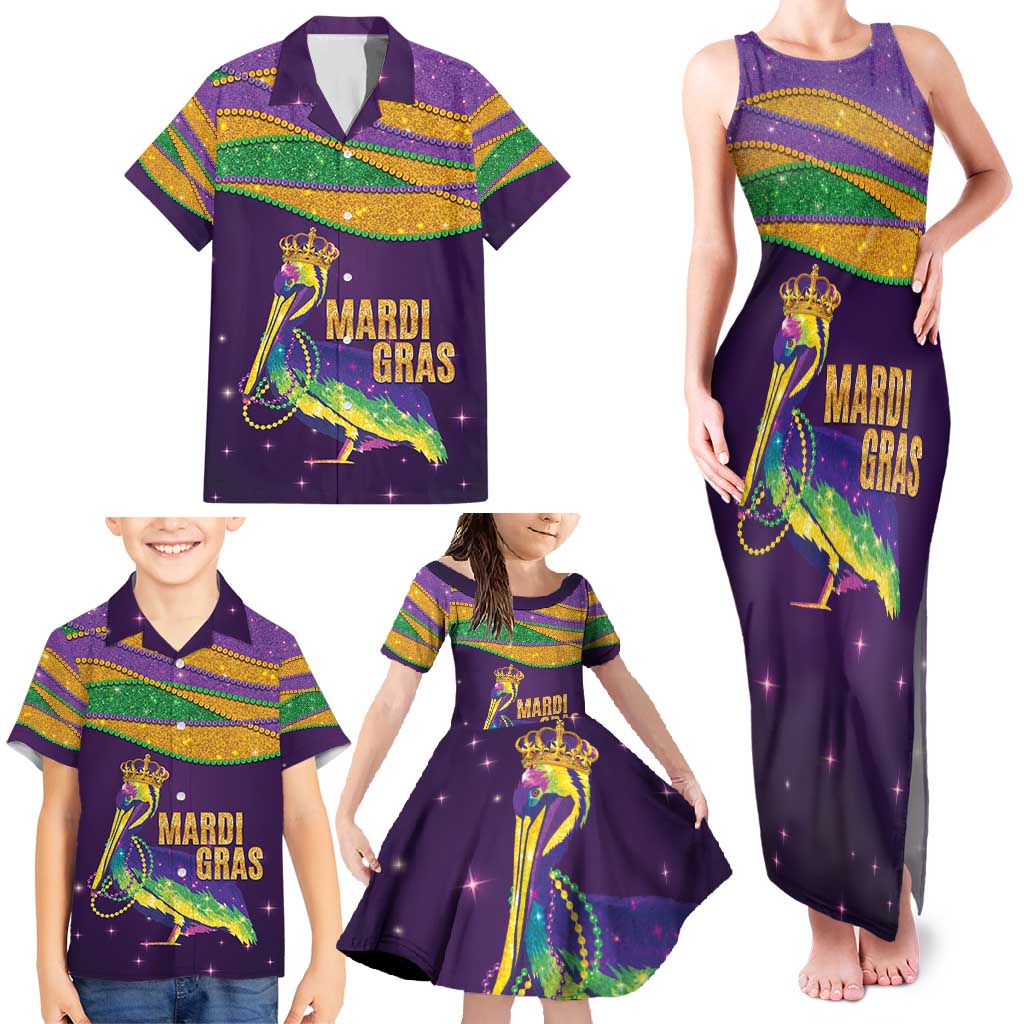 Faux Glitter Mardi Gras Pelican Family Matching Tank Maxi Dress and Hawaiian Shirt - Wonder Print Shop