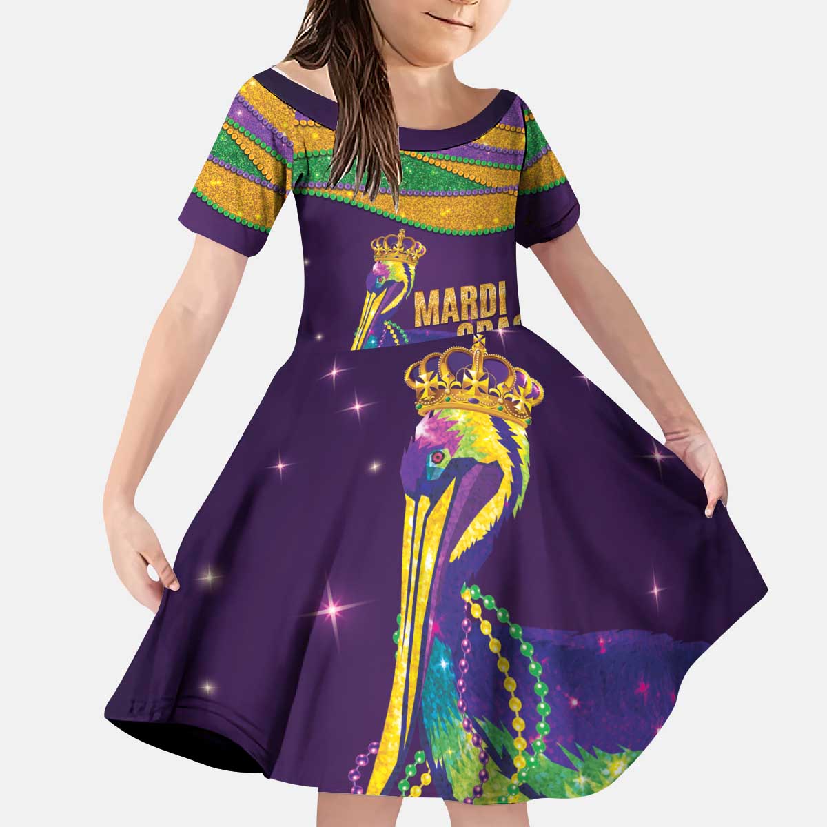 Faux Glitter Mardi Gras Pelican Kid Short Sleeve Dress - Wonder Print Shop