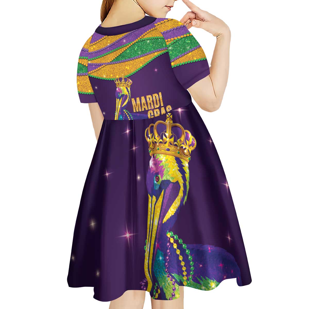 Faux Glitter Mardi Gras Pelican Kid Short Sleeve Dress - Wonder Print Shop