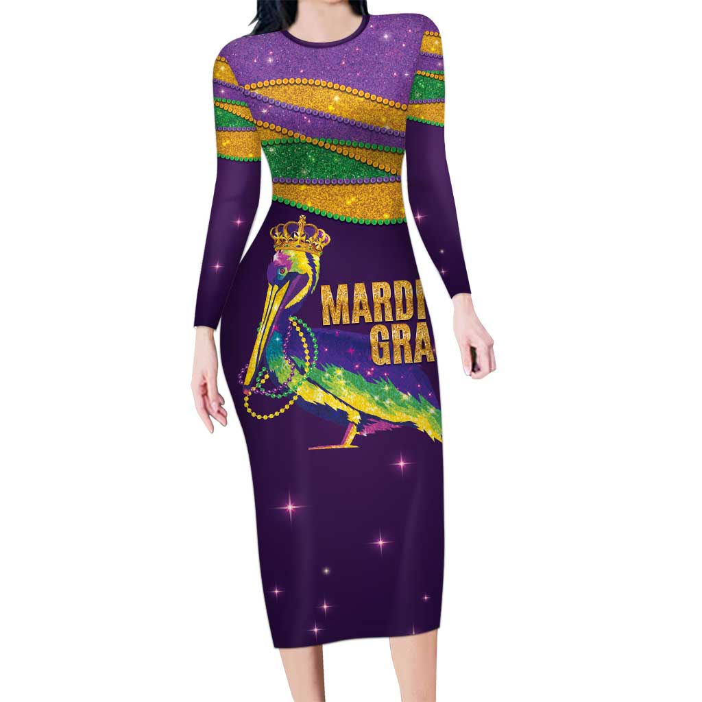 Faux Glitter Mardi Gras Pelican Long Sleeve Bodycon Dress - Wonder Print Shop