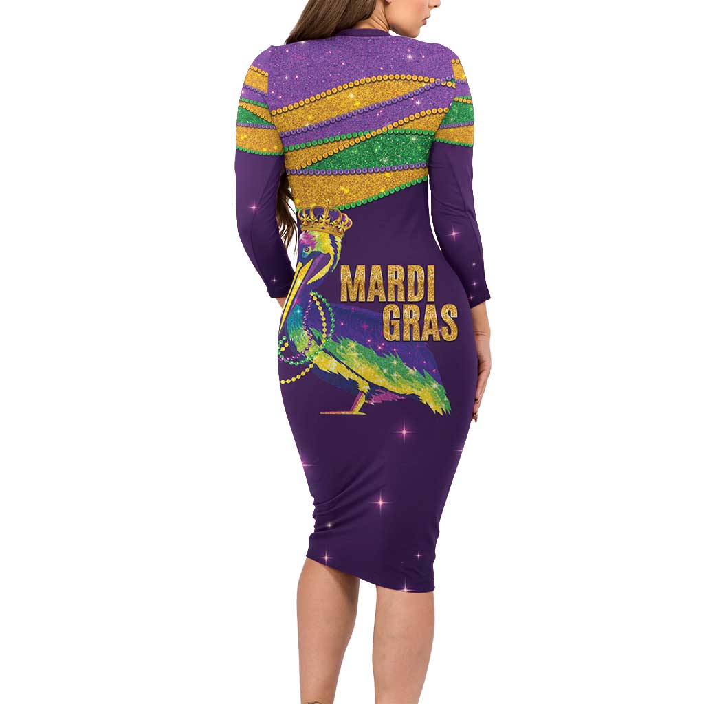 Faux Glitter Mardi Gras Pelican Long Sleeve Bodycon Dress - Wonder Print Shop