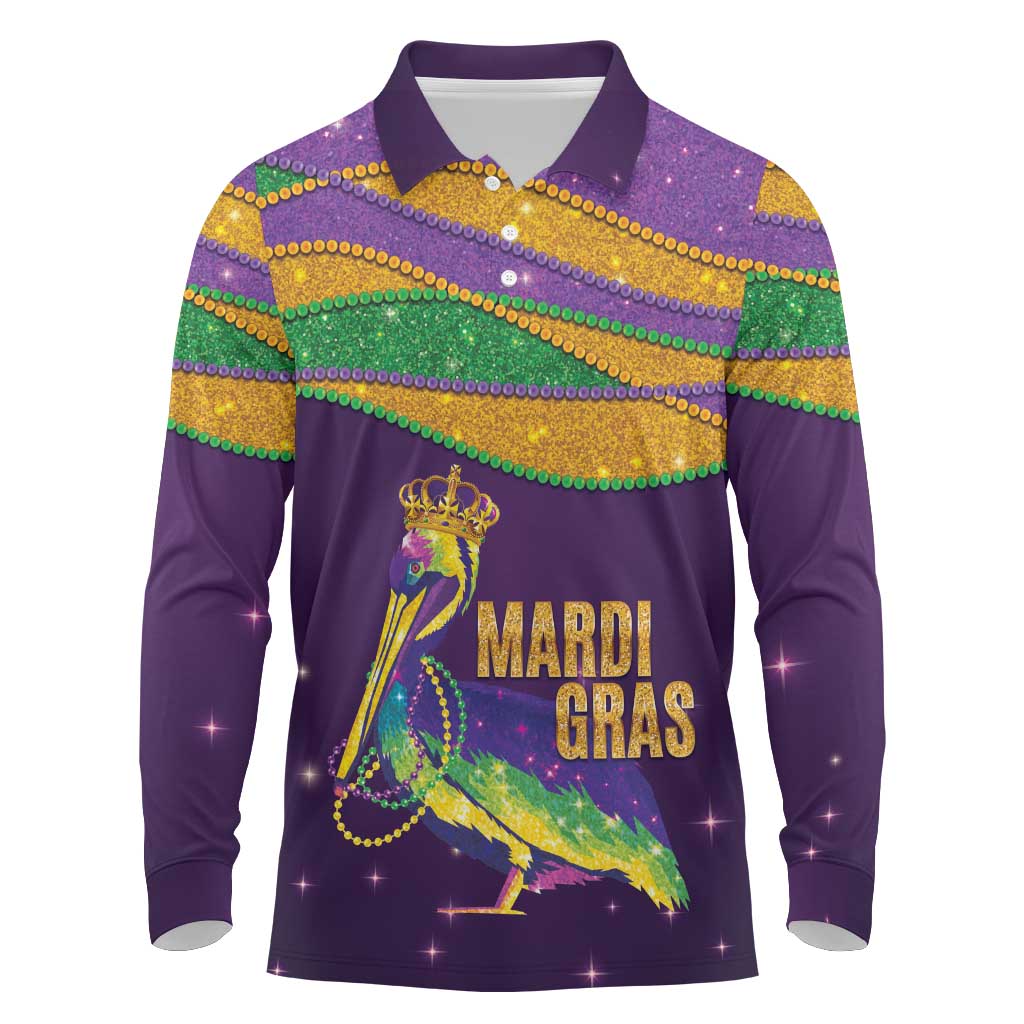 Faux Glitter Mardi Gras Pelican Long Sleeve Polo Shirt - Wonder Print Shop