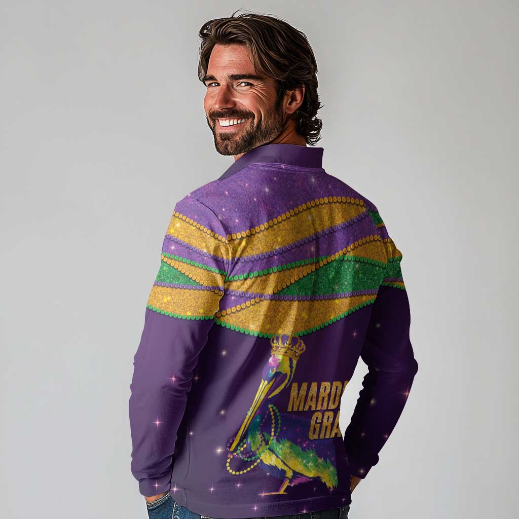 Faux Glitter Mardi Gras Pelican Long Sleeve Polo Shirt - Wonder Print Shop