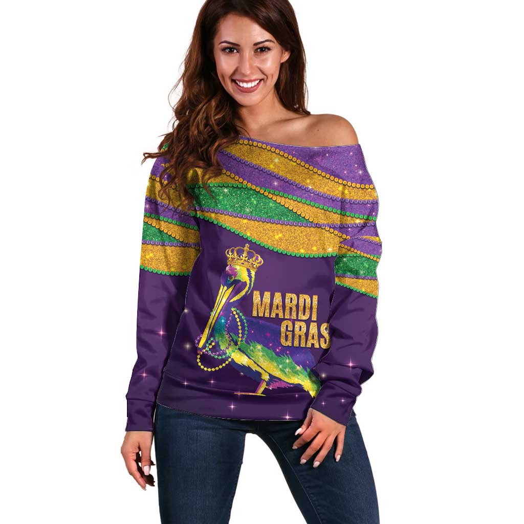 Faux Glitter Mardi Gras Pelican Off Shoulder Sweater - Wonder Print Shop