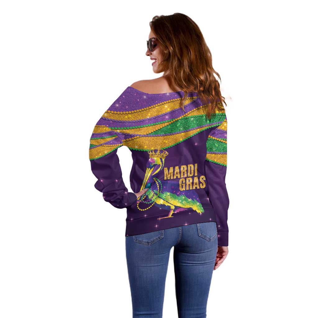 Faux Glitter Mardi Gras Pelican Off Shoulder Sweater - Wonder Print Shop