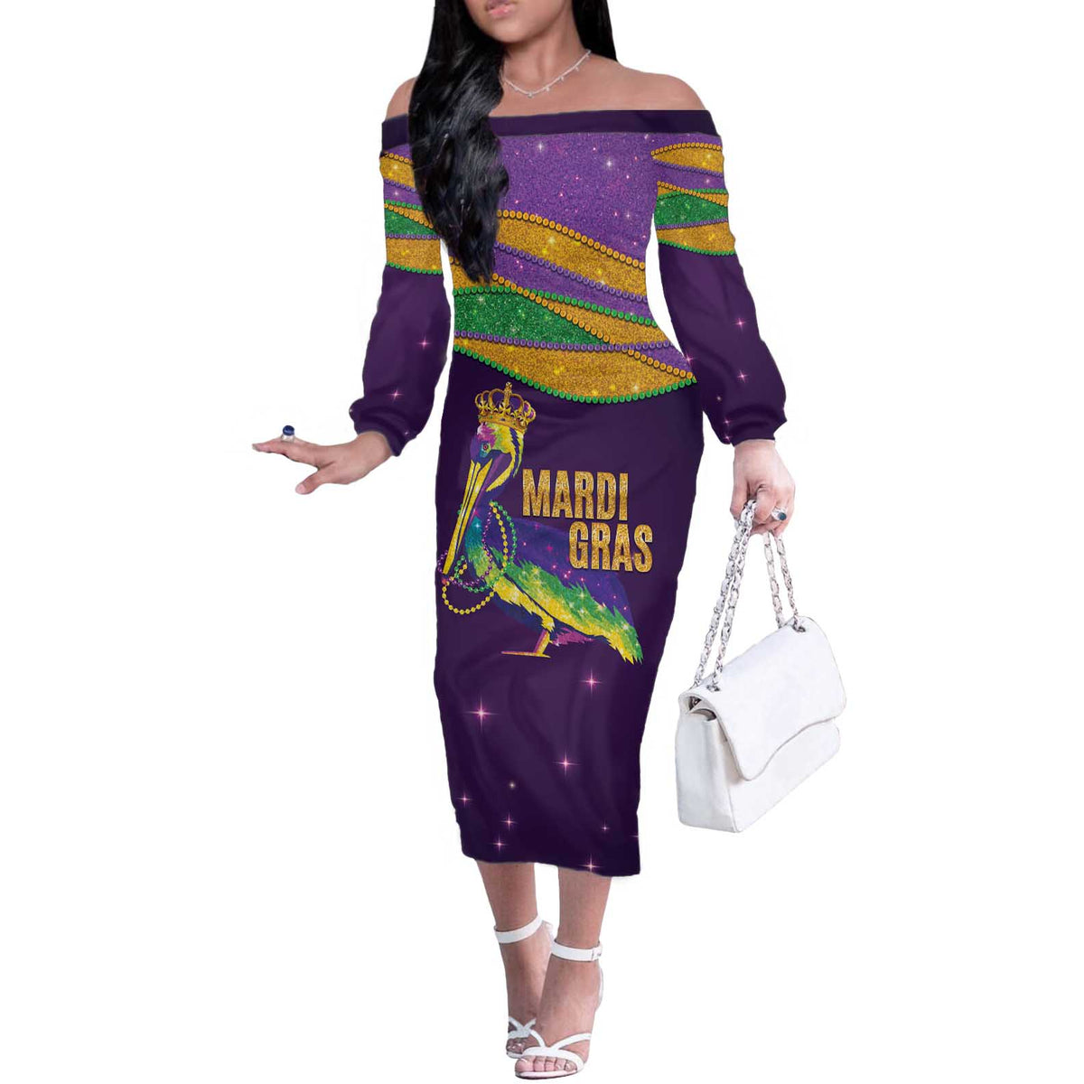 Faux Glitter Mardi Gras Pelican Off The Shoulder Long Sleeve Dress - Wonder Print Shop