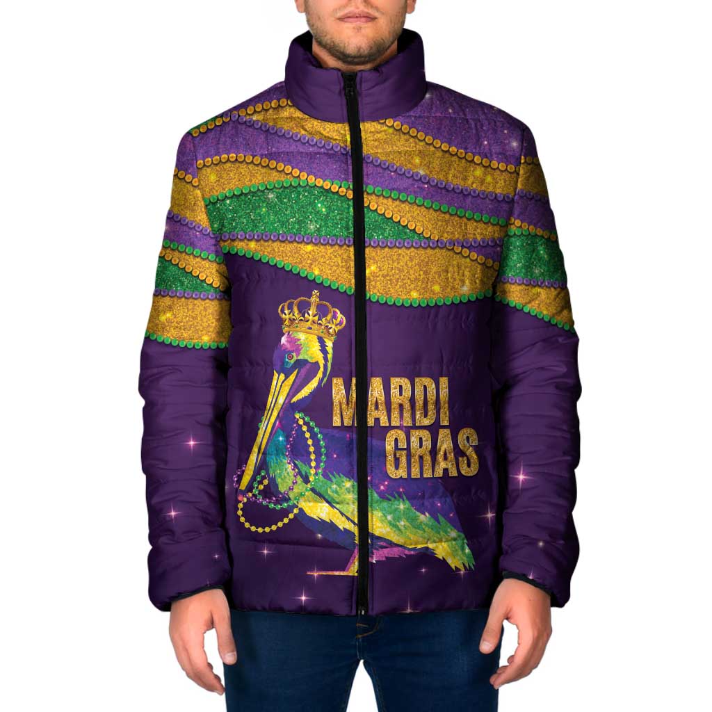Faux Glitter Mardi Gras Pelican Padded Jacket - Wonder Print Shop