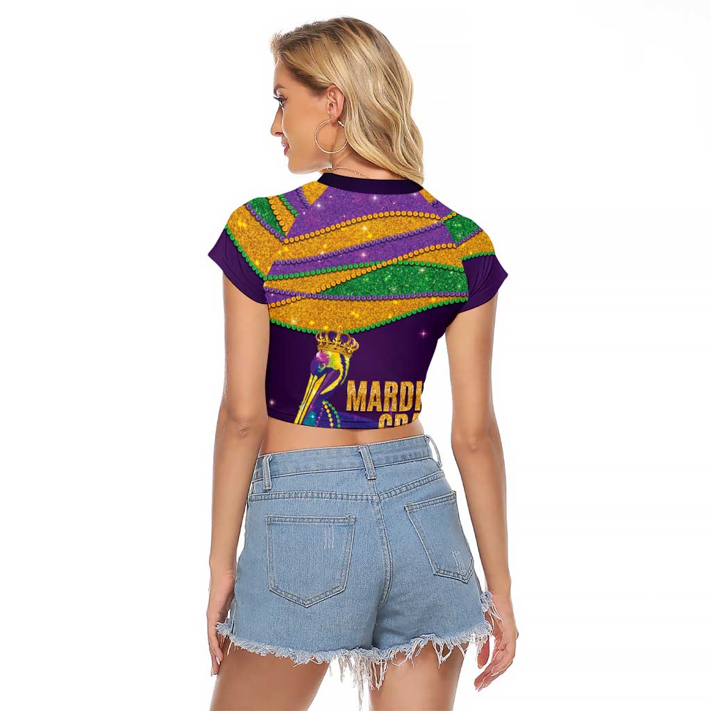 Faux Glitter Mardi Gras Pelican Raglan Cropped T Shirt - Wonder Print Shop