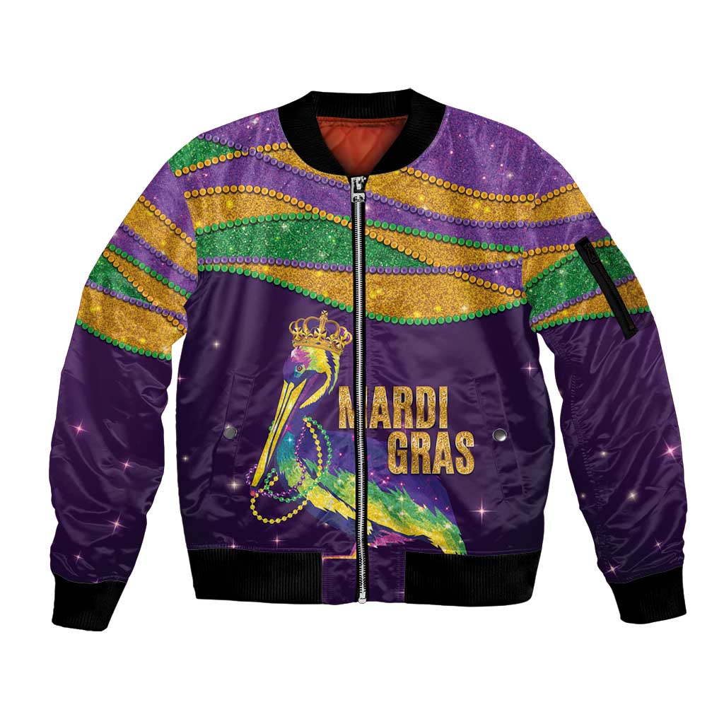 Faux Glitter Mardi Gras Pelican Sleeve Zip Bomber Jacket - Wonder Print Shop