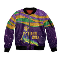 Faux Glitter Mardi Gras Pelican Sleeve Zip Bomber Jacket - Wonder Print Shop