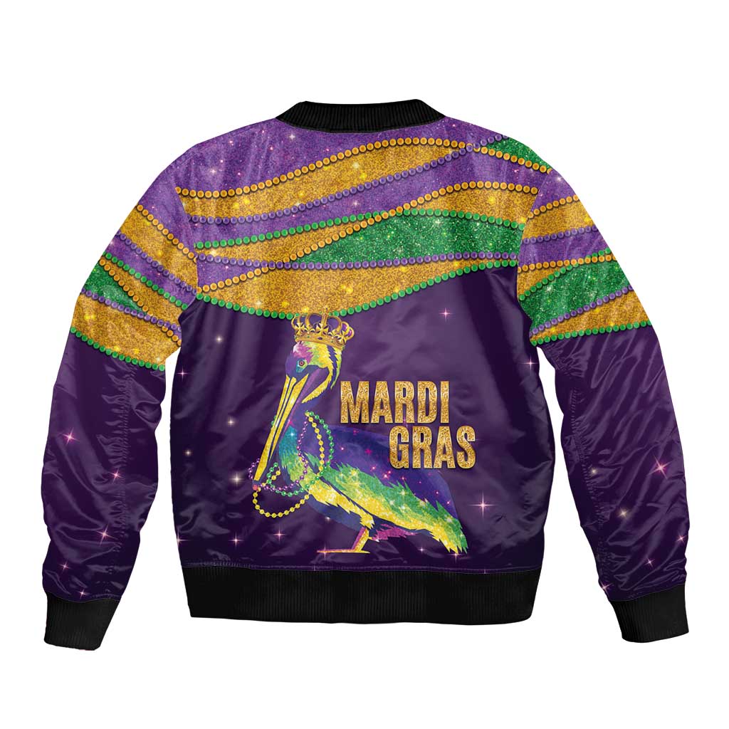 Faux Glitter Mardi Gras Pelican Sleeve Zip Bomber Jacket - Wonder Print Shop