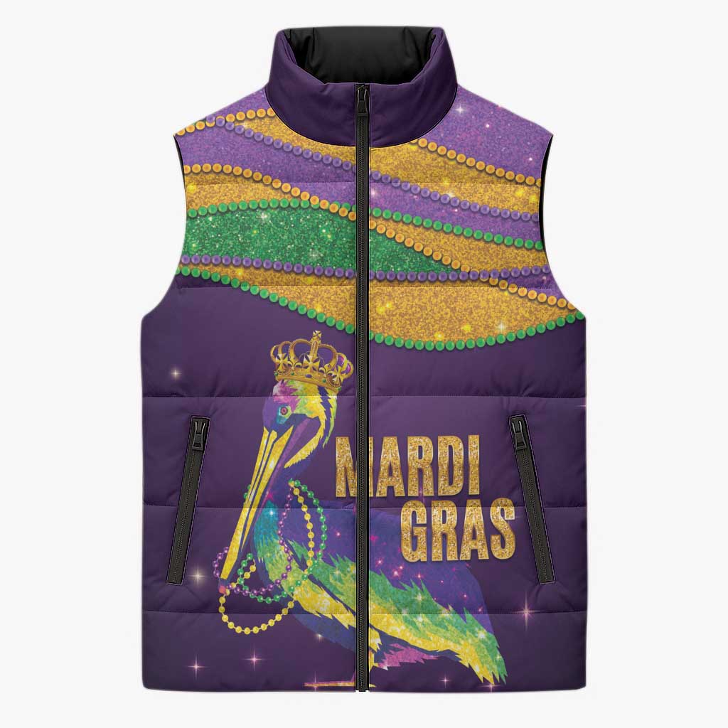 Faux Glitter Mardi Gras Pelican Sleeveless Puffer Jacket - Wonder Print Shop