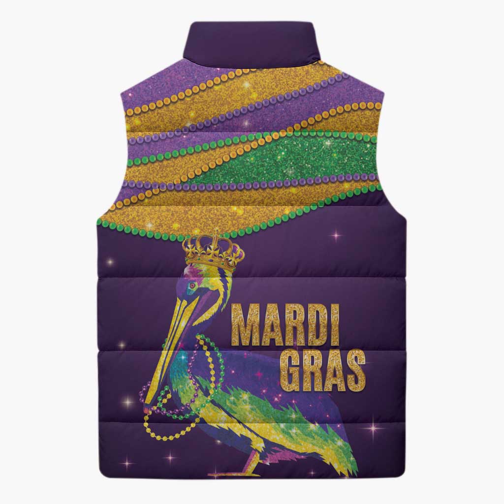 Faux Glitter Mardi Gras Pelican Sleeveless Puffer Jacket - Wonder Print Shop