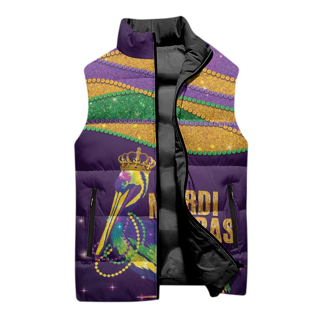 Faux Glitter Mardi Gras Pelican Sleeveless Puffer Jacket - Wonder Print Shop