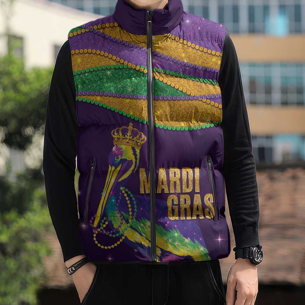 Faux Glitter Mardi Gras Pelican Sleeveless Puffer Jacket - Wonder Print Shop