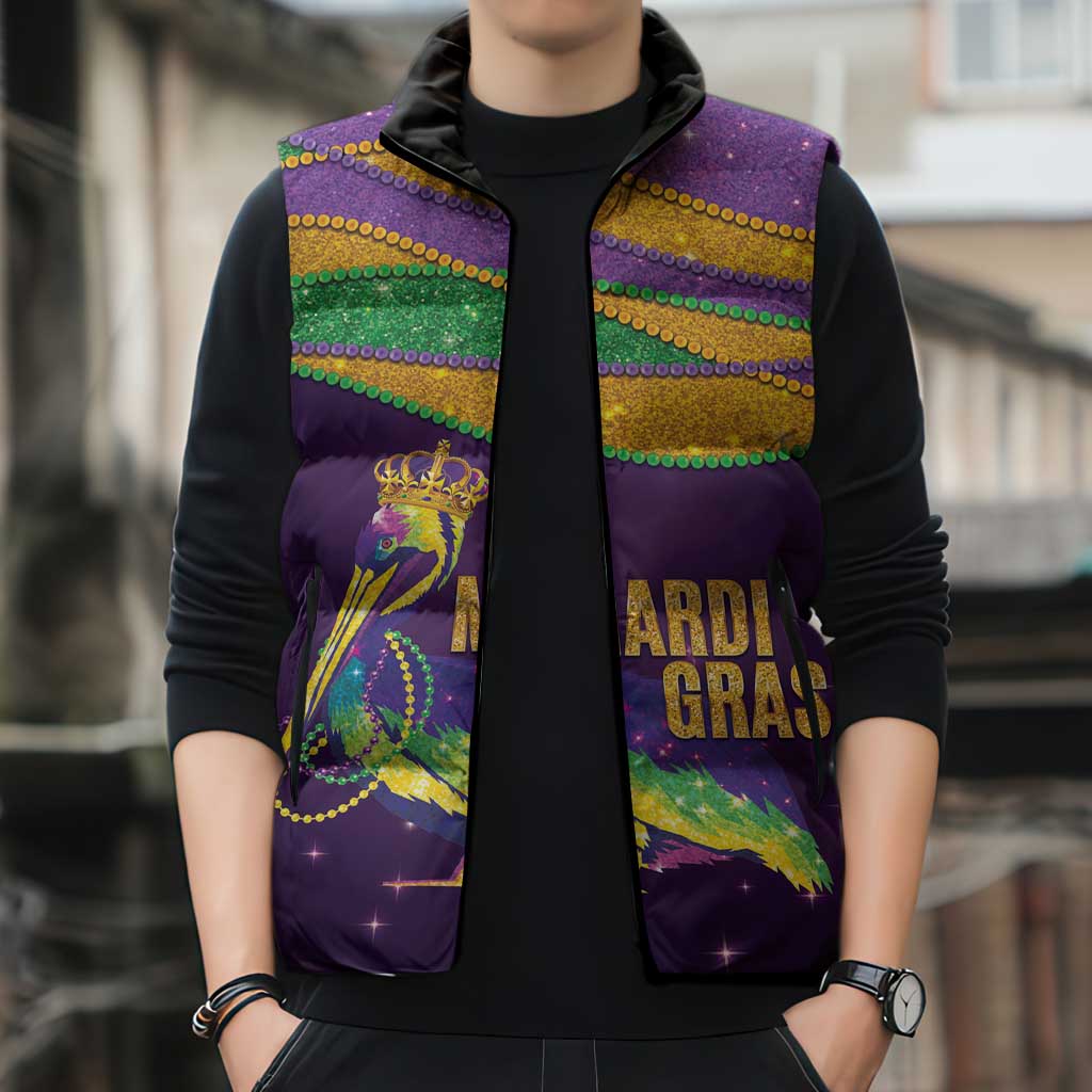 Faux Glitter Mardi Gras Pelican Sleeveless Puffer Jacket - Wonder Print Shop