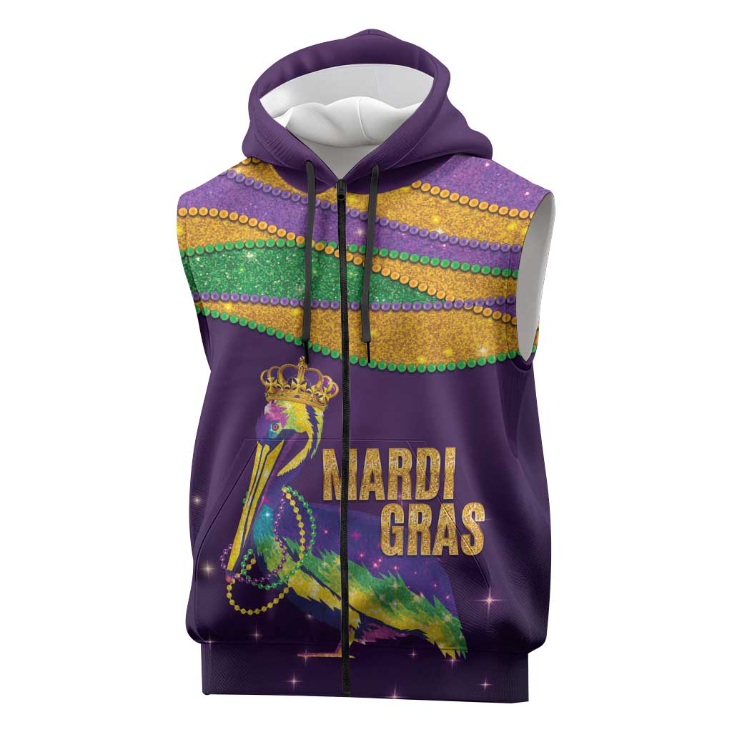 Faux Glitter Mardi Gras Pelican Sleeveless Zip Hoodie - Wonder Print Shop